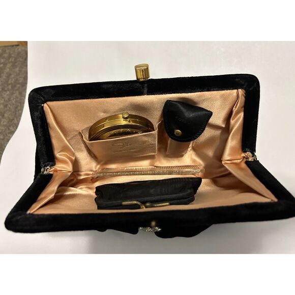Antique Velvet Clutch Purse with Jeweled Detail and Beauty Accessories - Picture 3 of 16